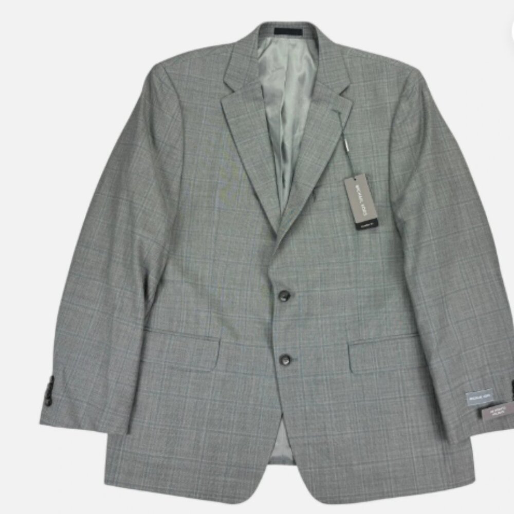 Michael Kors 46L Men's Classic Fit Plaid Stretch Wool Blend Suit Jacket NWT Grey